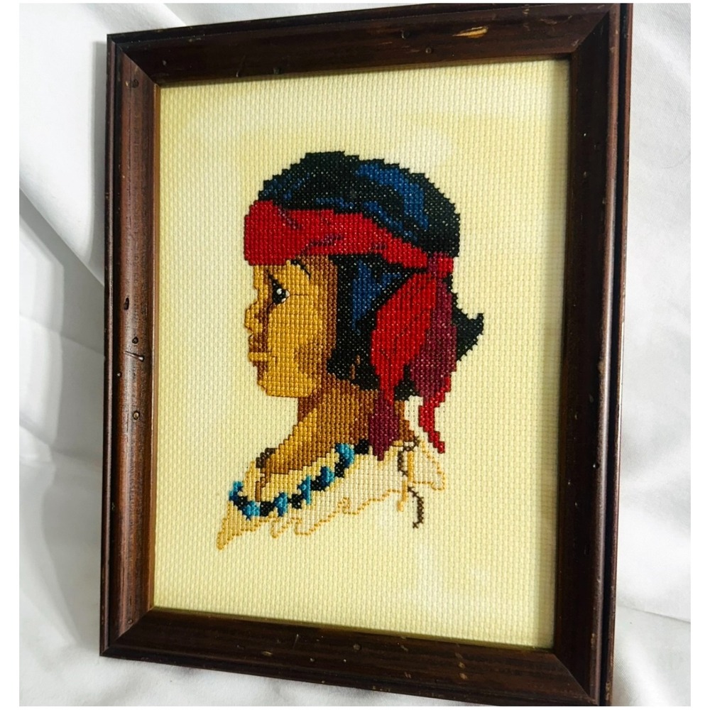 Vintage Needlepoint Wall Folk Art Framed Cottagecore Granny Native American Boy
